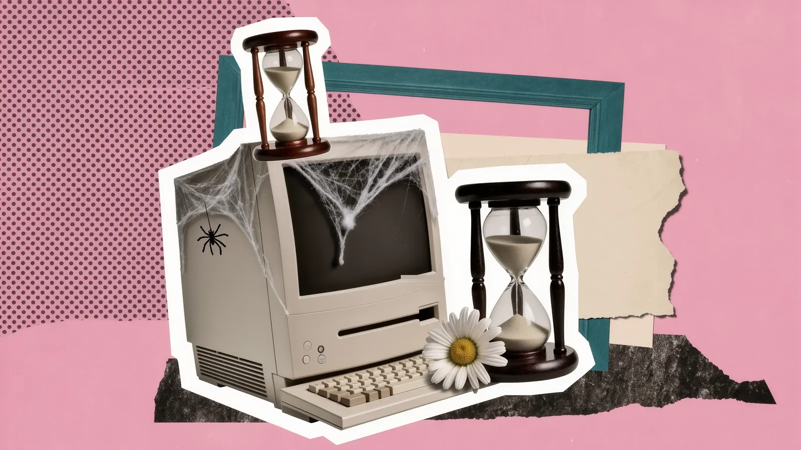 A dusty beige vintage computer draped in cobwebs, with one hourglass on top and another beside it, their sand nearly run out, on pink