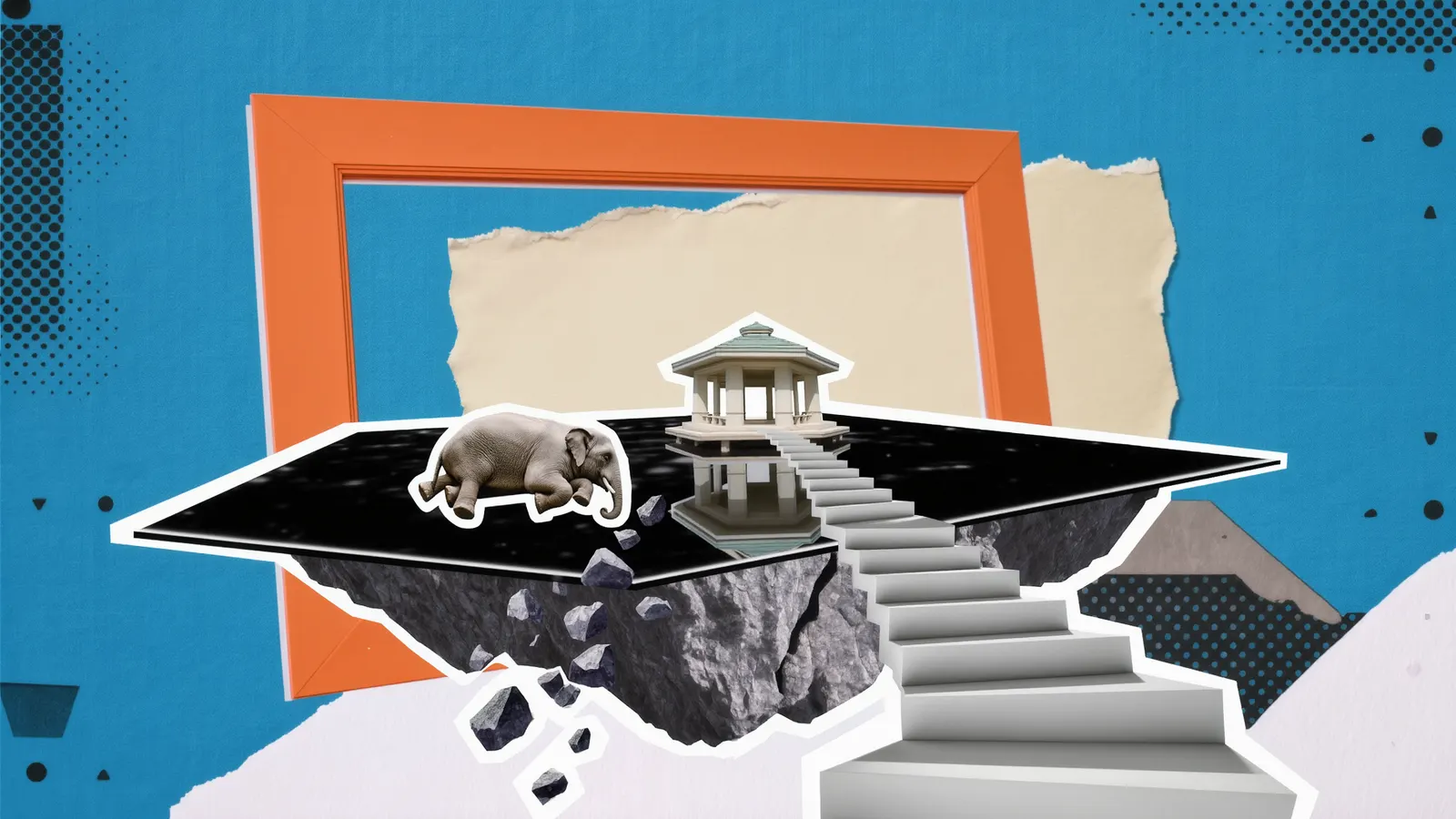 A gray elephant resting on a black glass platform atop a crumbling stone island, with a white staircase rising to a small pavilion, collage on electric blue
