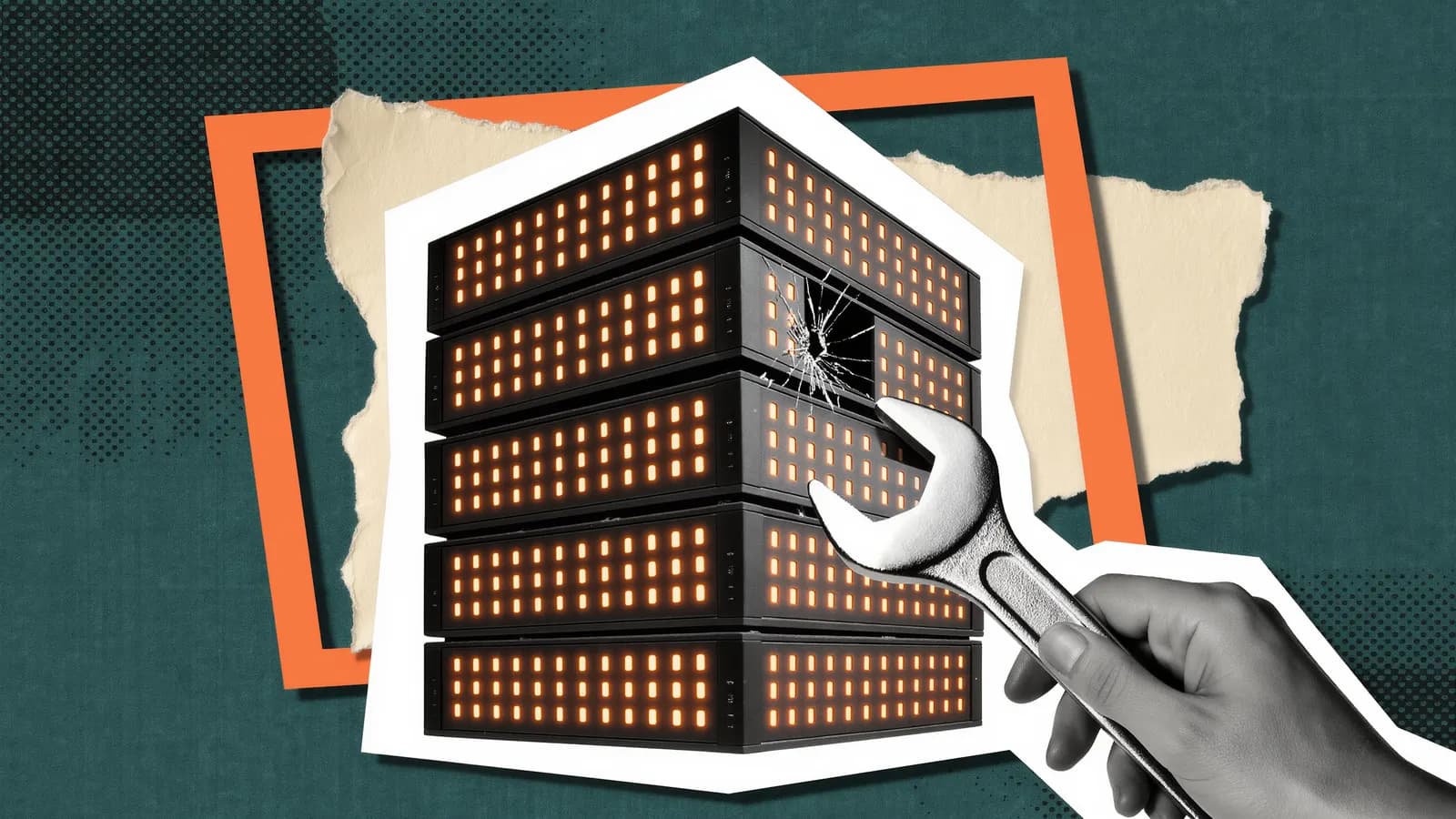An apartment building made of stacked server units, one window being patched by a hand holding a wrench, collage on teal