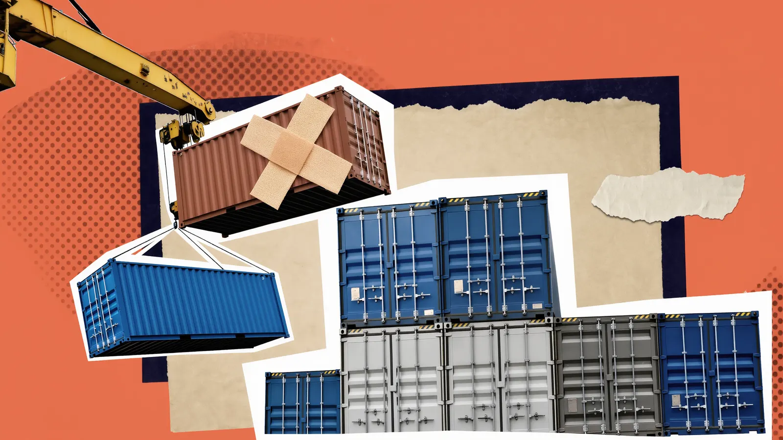 A crane lifts a rusty, bandaged shipping container out of a stack while a fresh blue container hangs ready to take its place, collage on orange