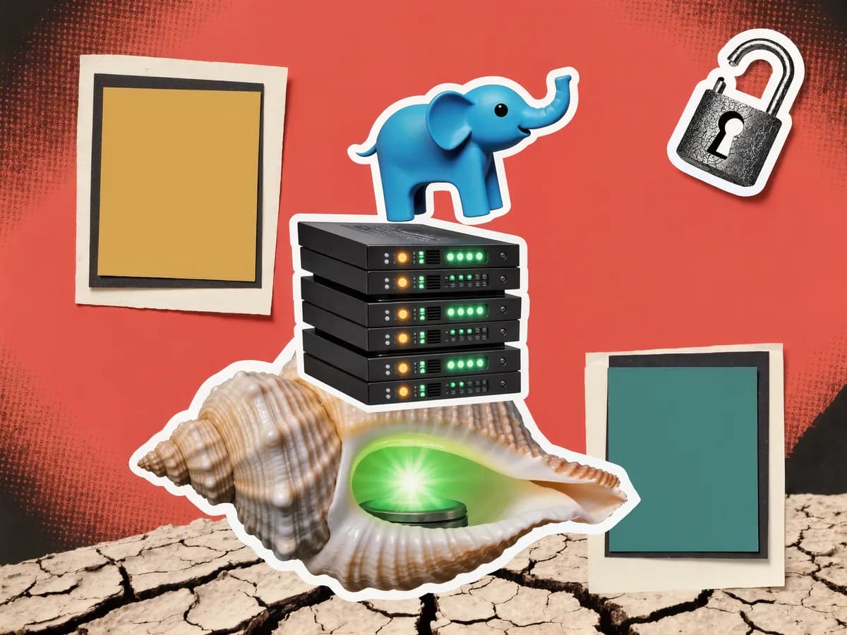 Red halftone collage of a blue toy elephant on a stack of server racks, perched on a large seashell glowing green inside, with an open padlock above