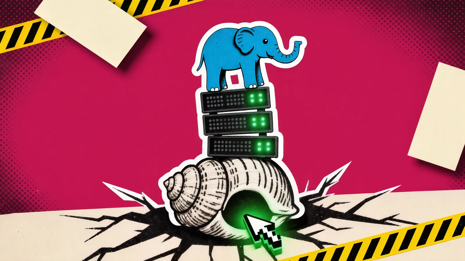 A blue elephant cutout balanced on stacked server racks above a seashell with a glowing green cursor inside, cracks spreading across the floor, halftone collage on red