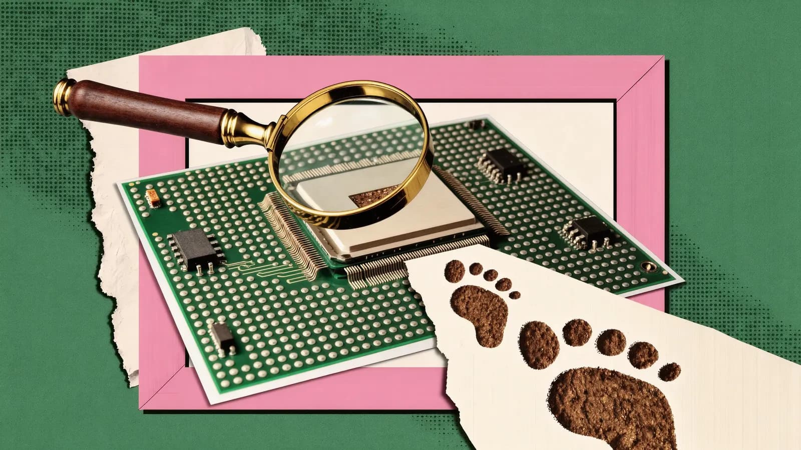 Muddy bare footprints on a torn strip of paper beside a green circuit board, with a brass magnifying glass held over the board's main chip