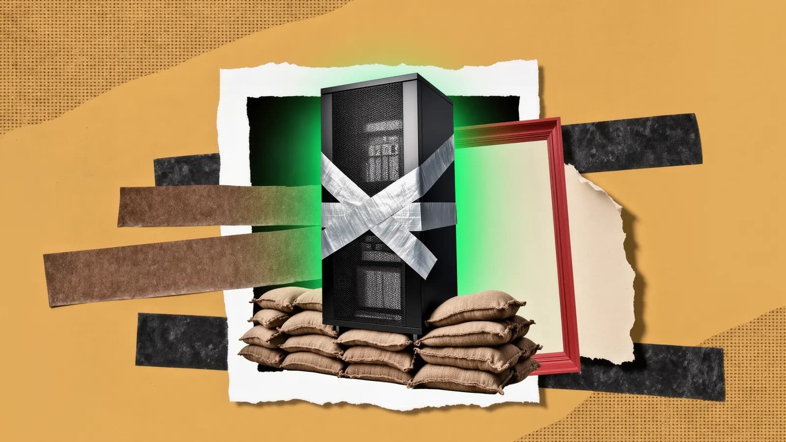 A black server cabinet taped shut with crossed silver duct tape, sandbags piled at its base and green light leaking around it, collage on mustard