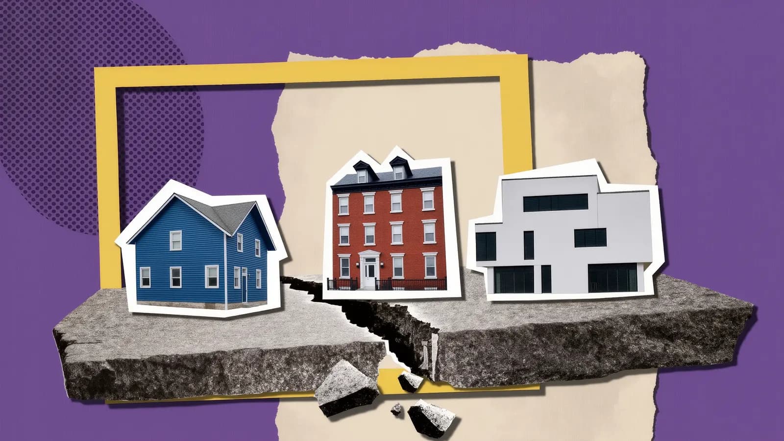 Three differently styled houses standing side by side on a single stone foundation with a crack running through it, collage on purple