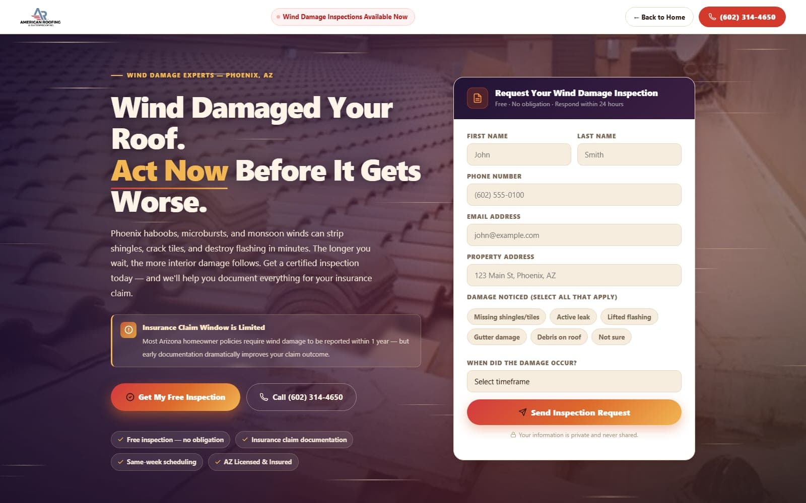 Wind Damage Inspection website