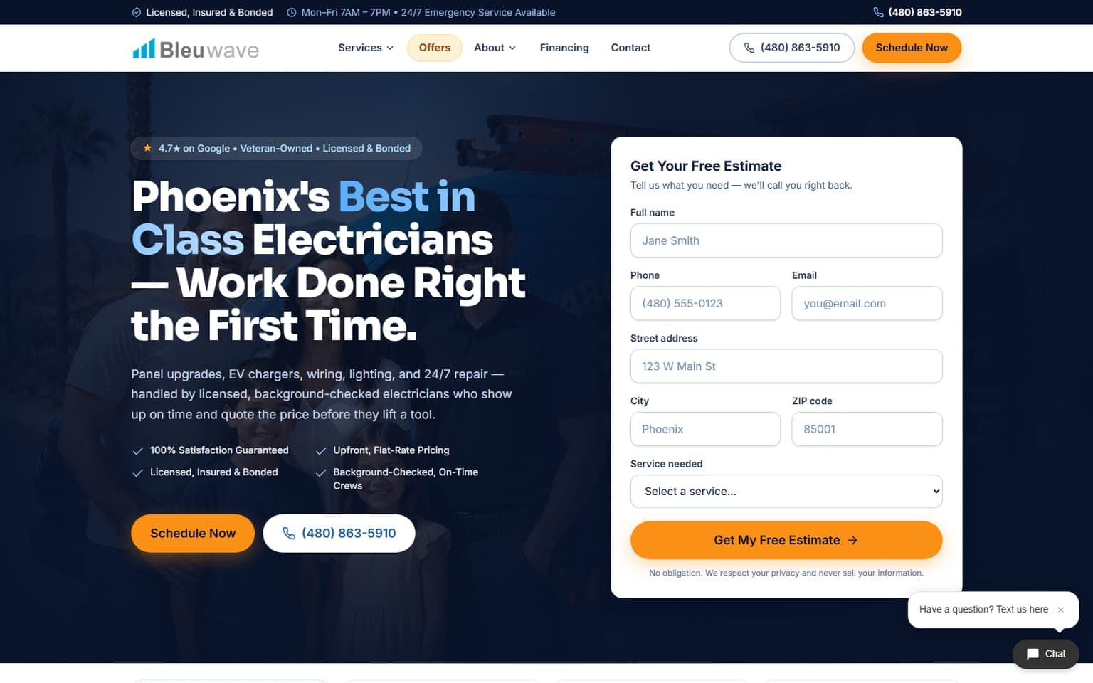Bleuwave Electrical — Redesign & Savings Calculator website
