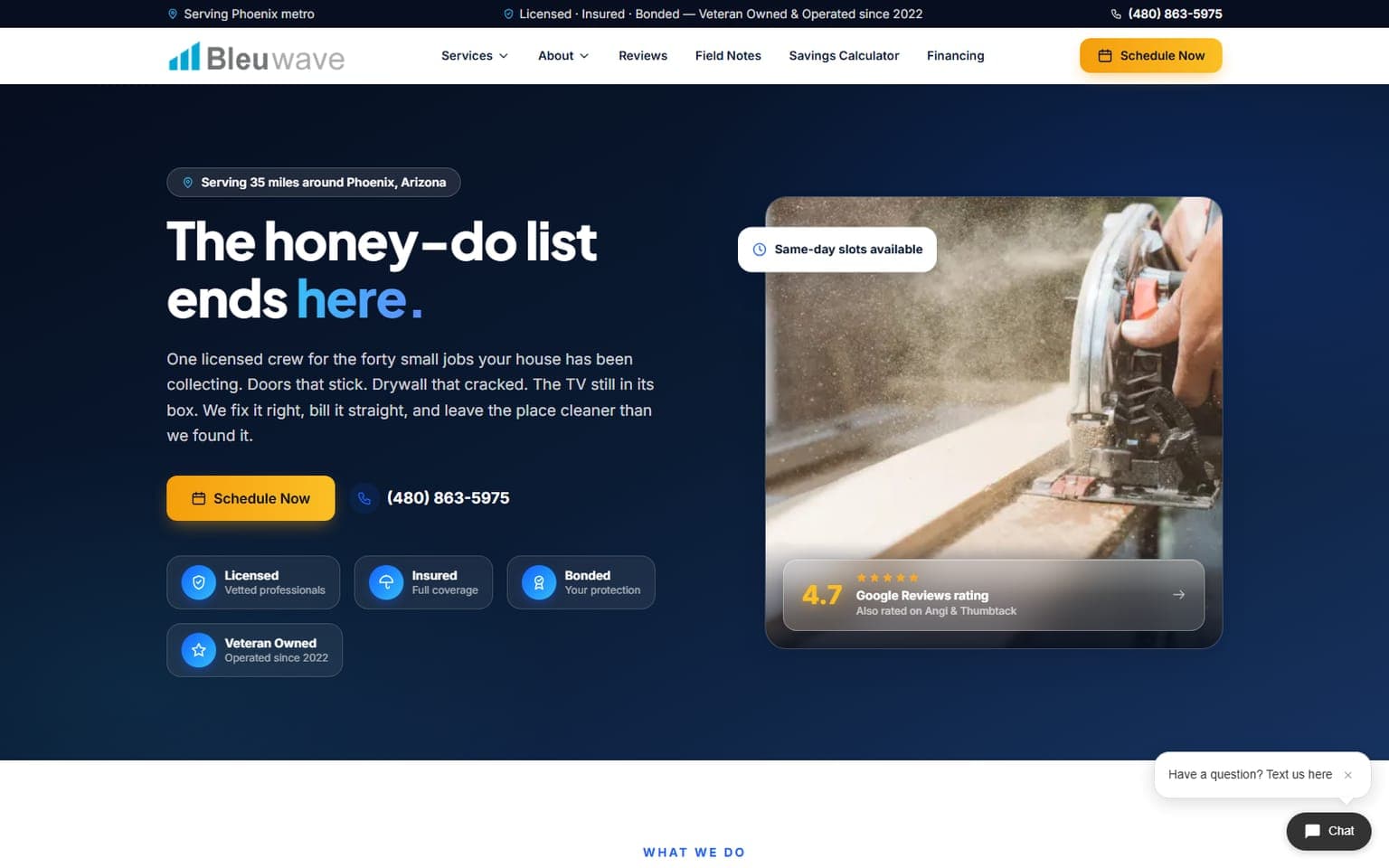 Bleuwave Handyman — Redesign & Savings Calculator website