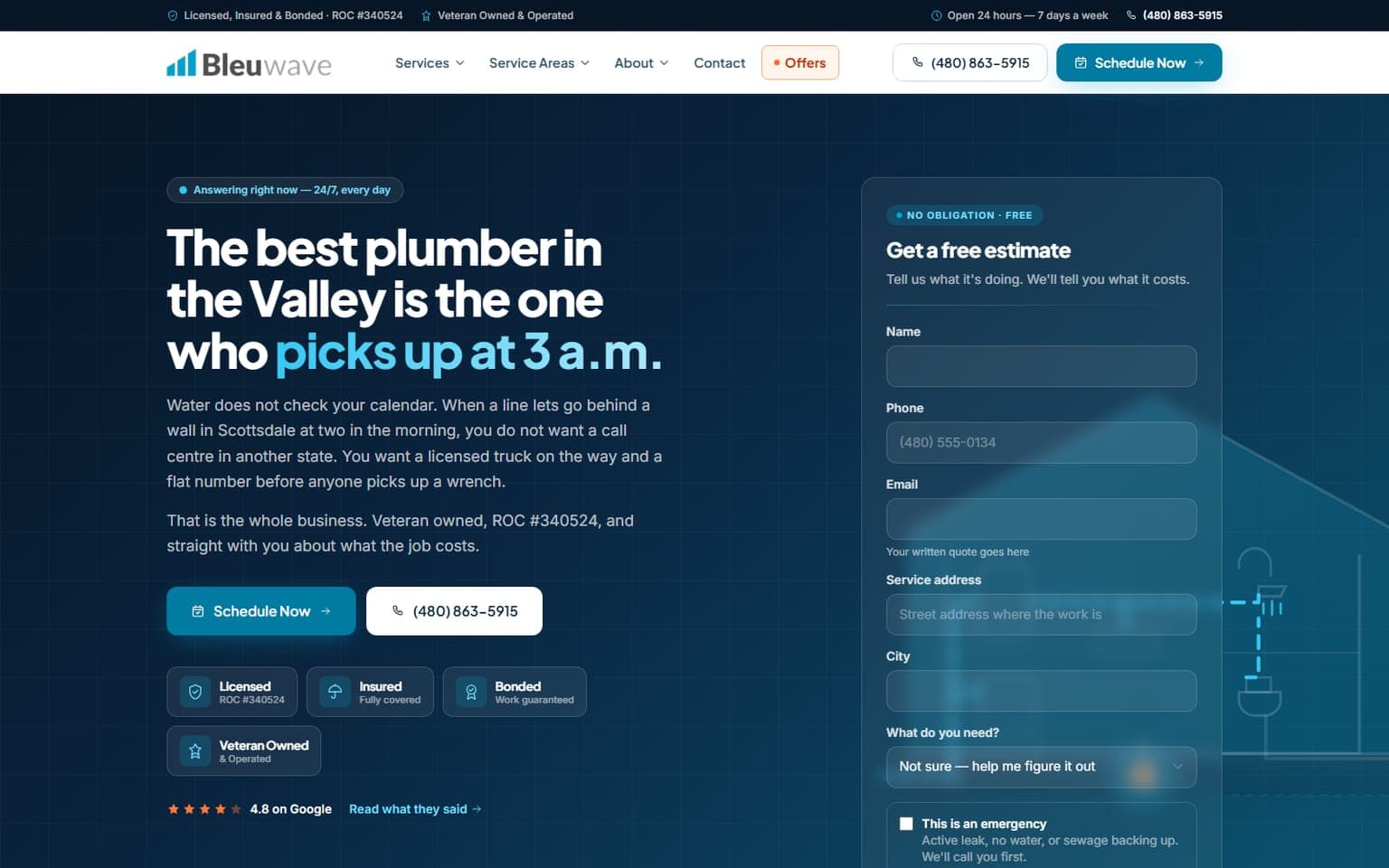 Bleuwave Plumbing — Redesign & Emergency Triage website