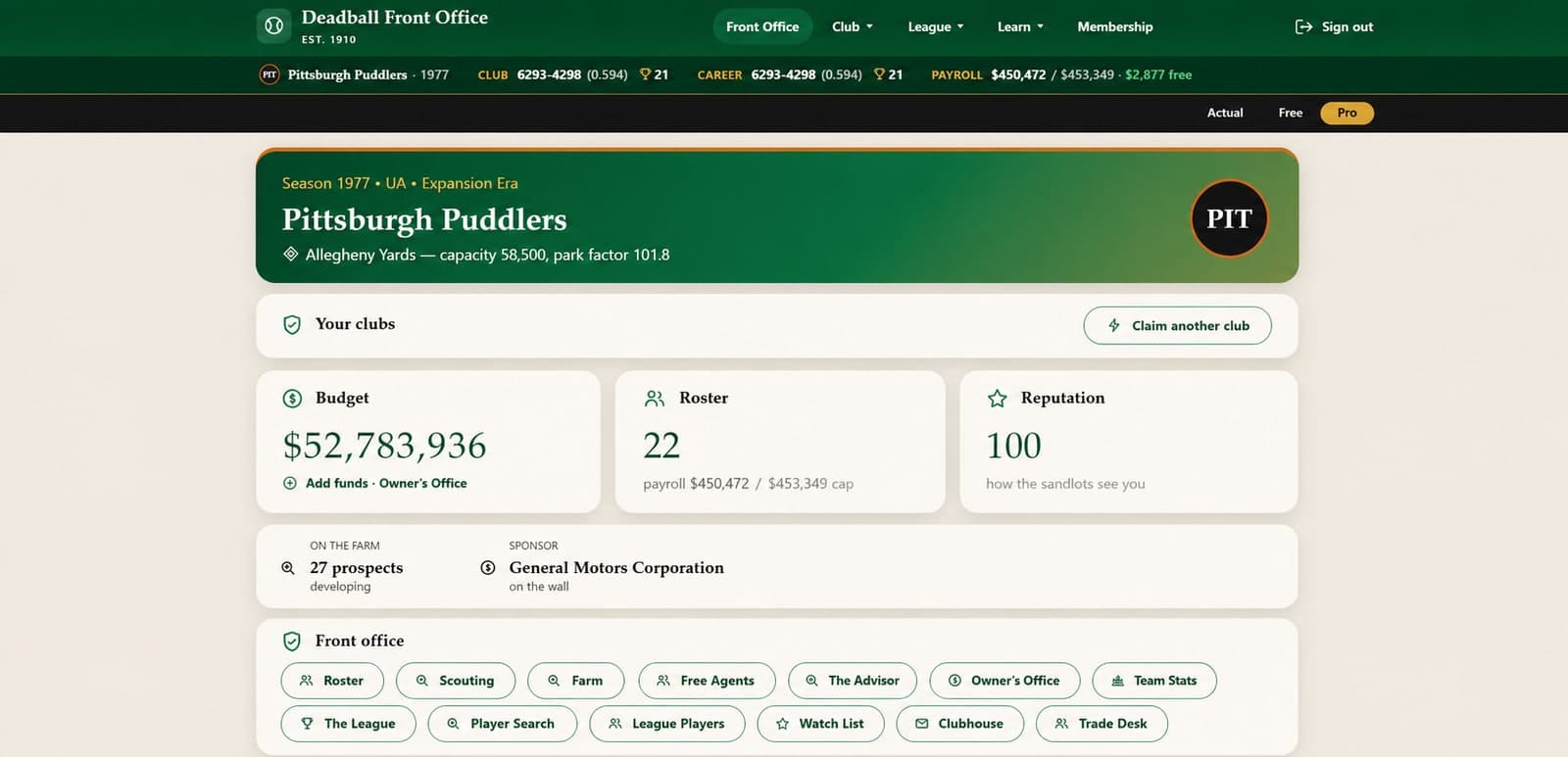Deadball Front Office — the general manager dashboard, with budget, roster, reputation, and the farm system