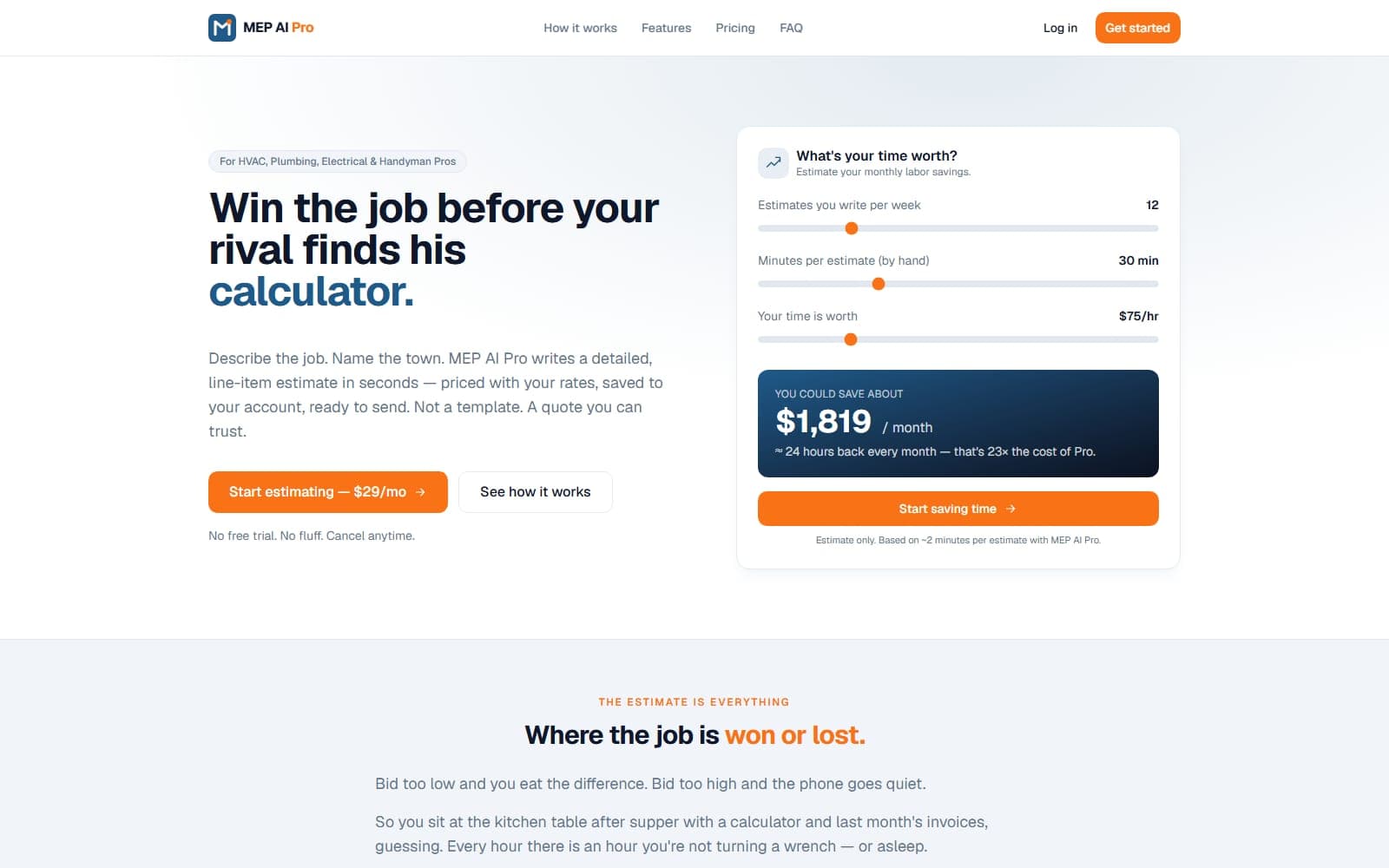 MEP AI Pro — the estimating app, with a live labor-savings calculator and a plan-priced call to action