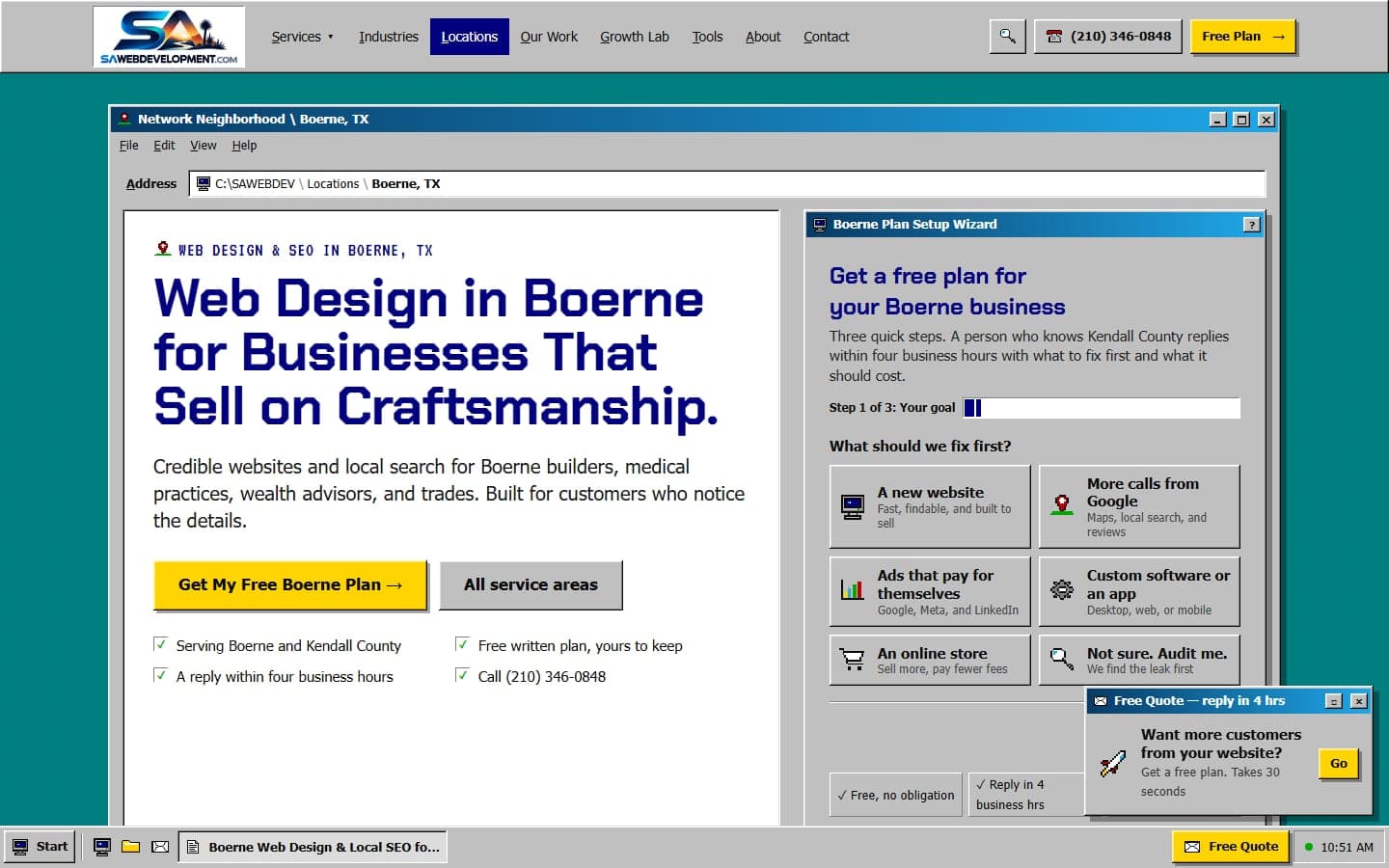 The Boerne location page with a Boerne plan setup wizard