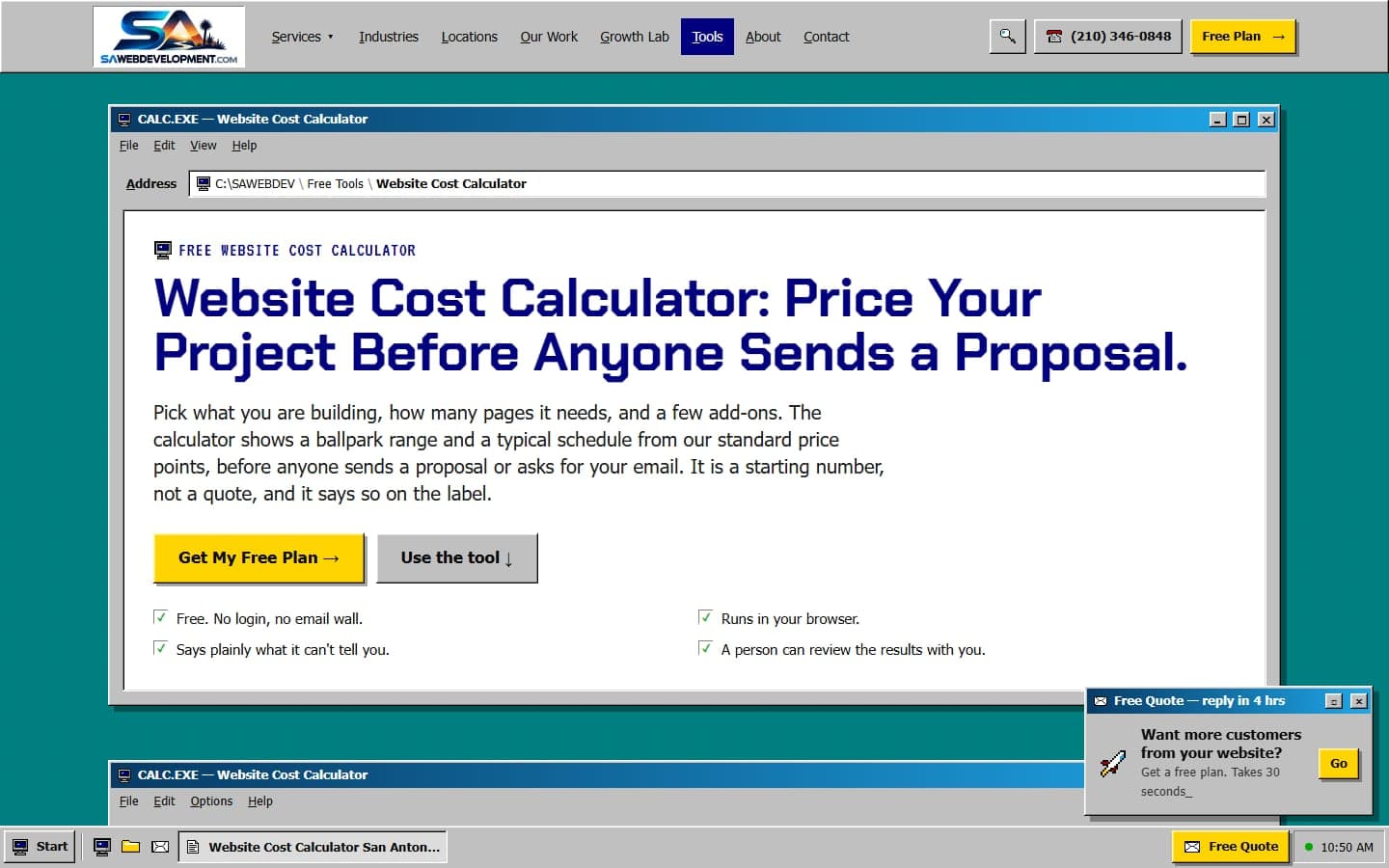 The website cost calculator running as CALC.EXE