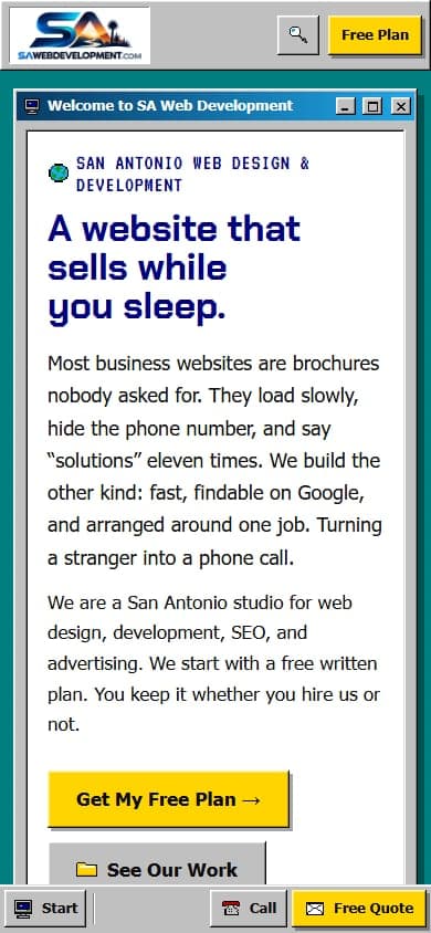 SA Web Development on a phone, with the Start, Call and Free Quote taskbar pinned to the bottom