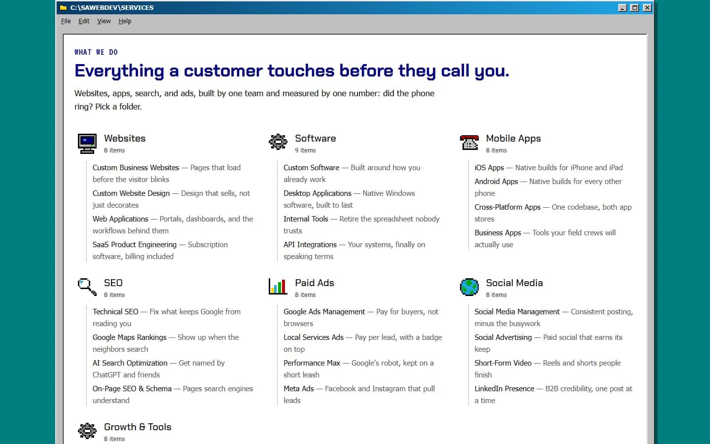 The services catalog shown as folders in a C:\SAWEBDEV\SERVICES window