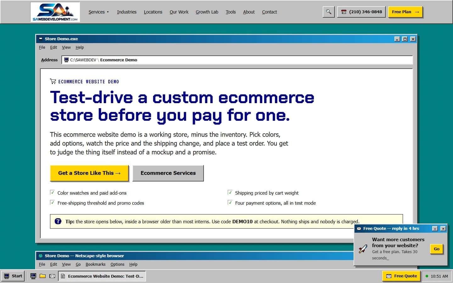 The e-commerce demo inside a Netscape-style browser window