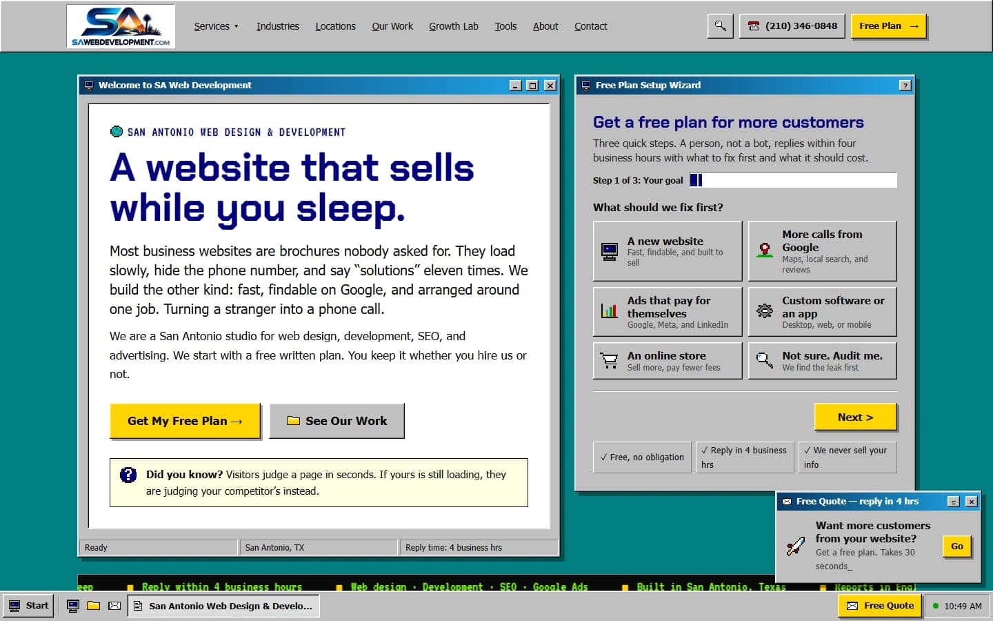 SA Web Development home page: a Welcome window, a free plan setup wizard and a Free Quote pop-up on a teal desktop