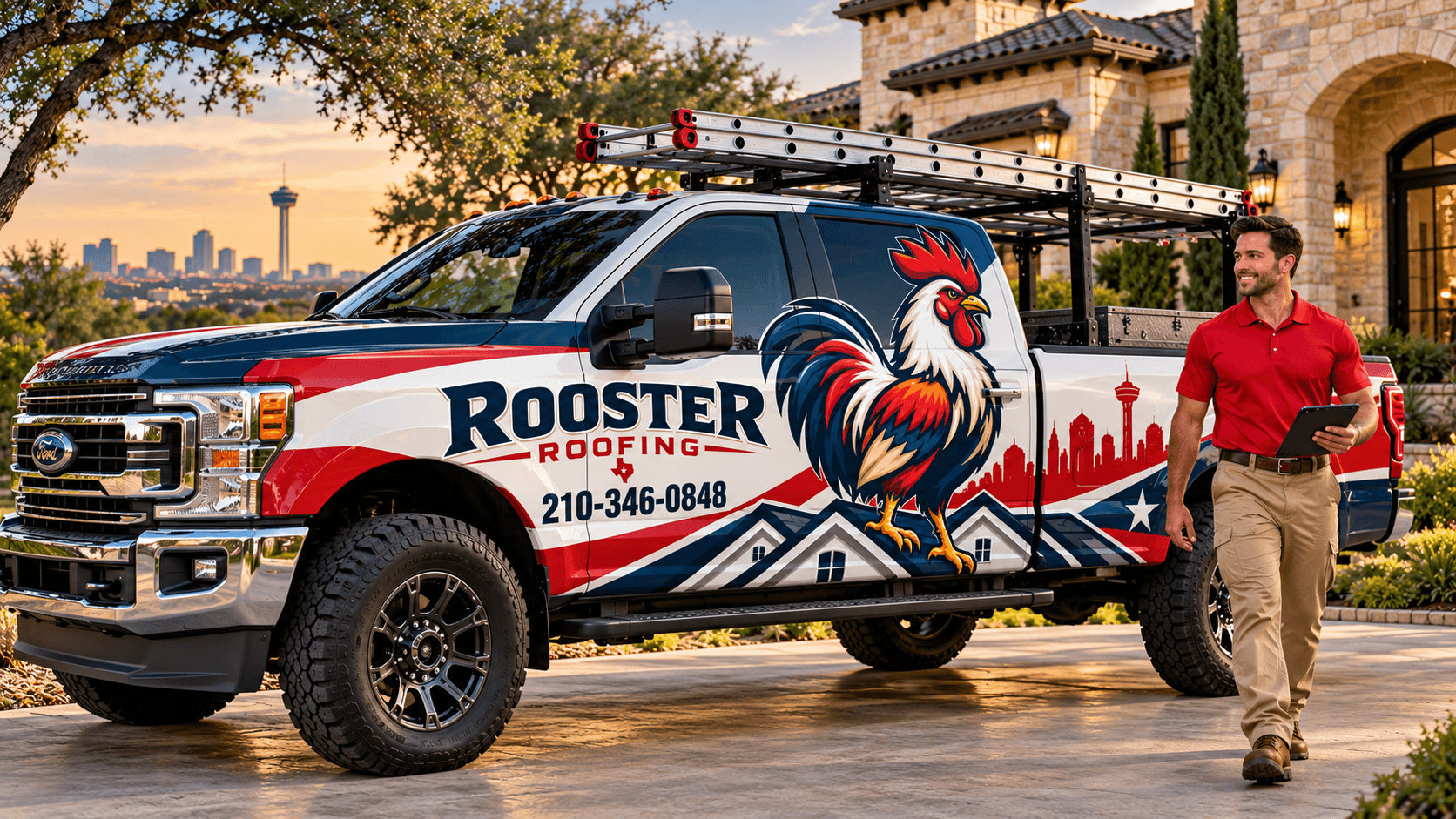 A Rooster Roofing truck parked in a stone-home driveway at golden hour, the San Antonio skyline behind it, a crew lead walking up with a tablet