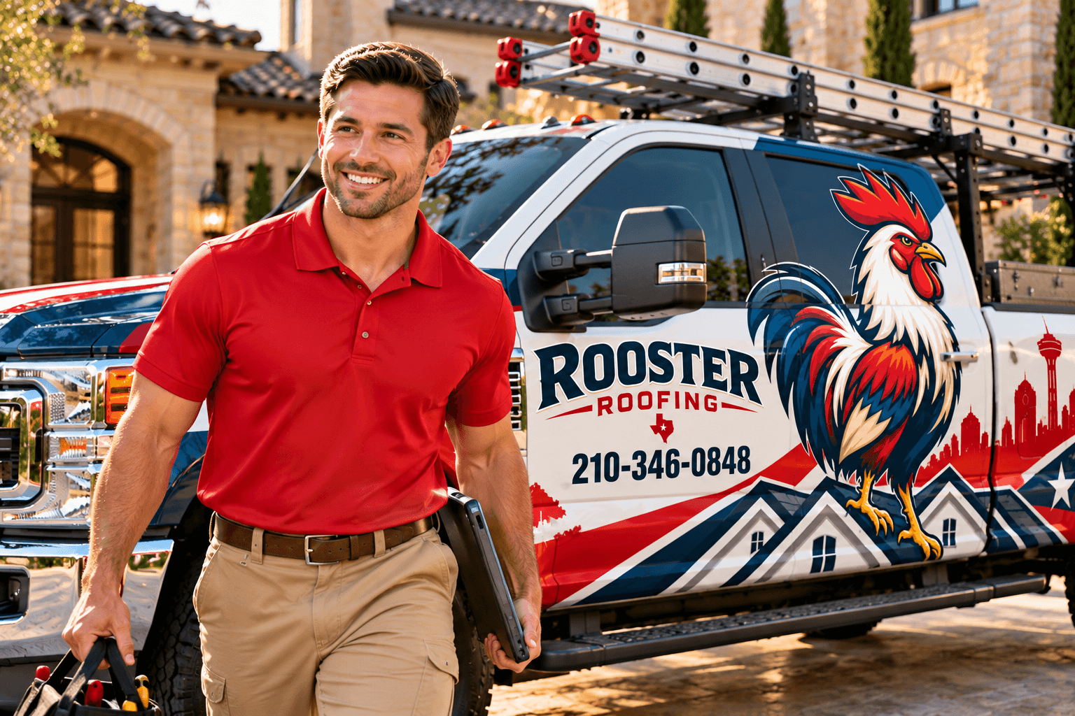 A smiling Rooster Roofing technician in a red polo walking past the wrapped company truck with a tool bag and a tablet