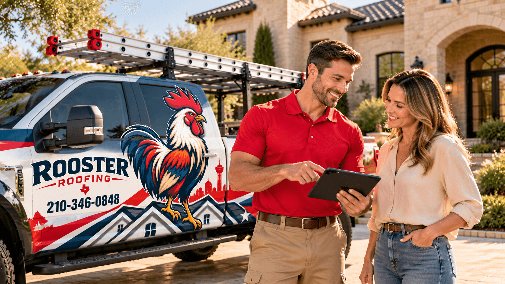 A Rooster Roofing technician showing a homeowner inspection photos on a tablet in front of her stone house