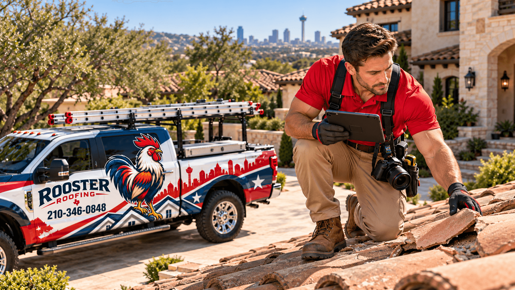 A Rooster Roofing inspector kneeling on a clay tile roof, checking a cracked tile against his tablet, the truck and skyline behind