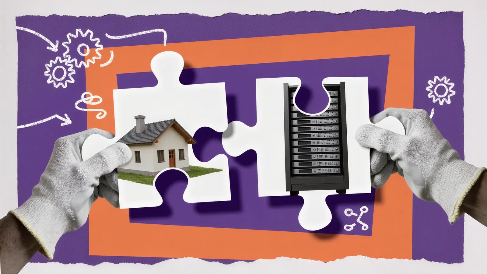Gloved hands snapping two puzzle pieces together, one shaped like a house and one like a server rack, collage on purple