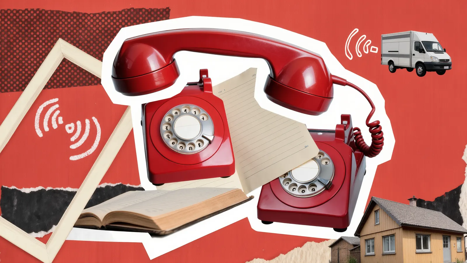 Two red rotary telephones beside an open ledger, with a small work van and a house, in a paper collage on a red background