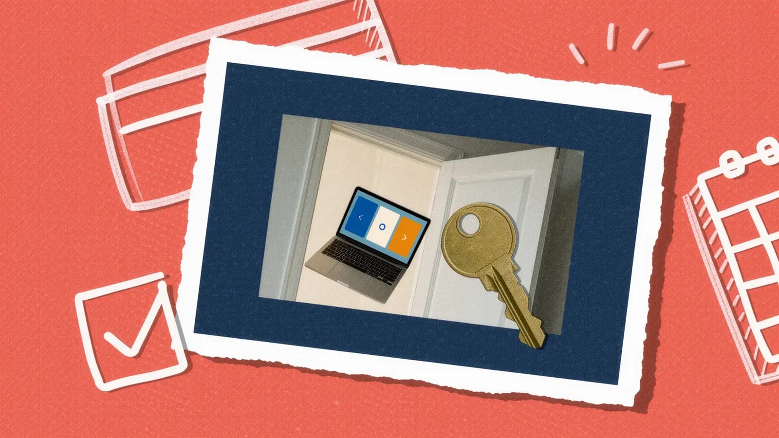 An open front door with a laptop resting on the threshold and a large brass key, beside chalk drawings of a calendar and a checkmark, collage on coral