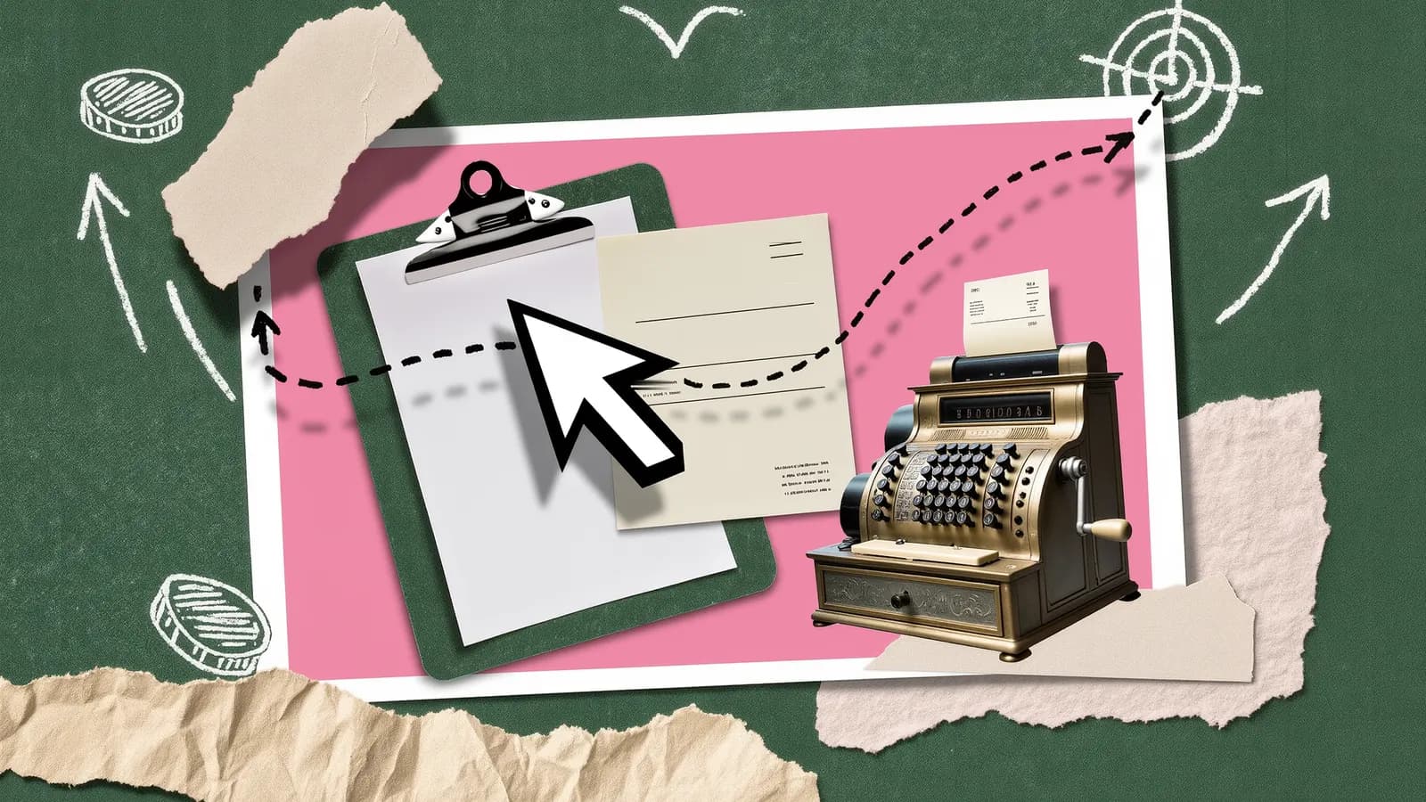 A cursor trailing a dotted line from a clipboard and an invoice to a brass cash register, collage on pink and green