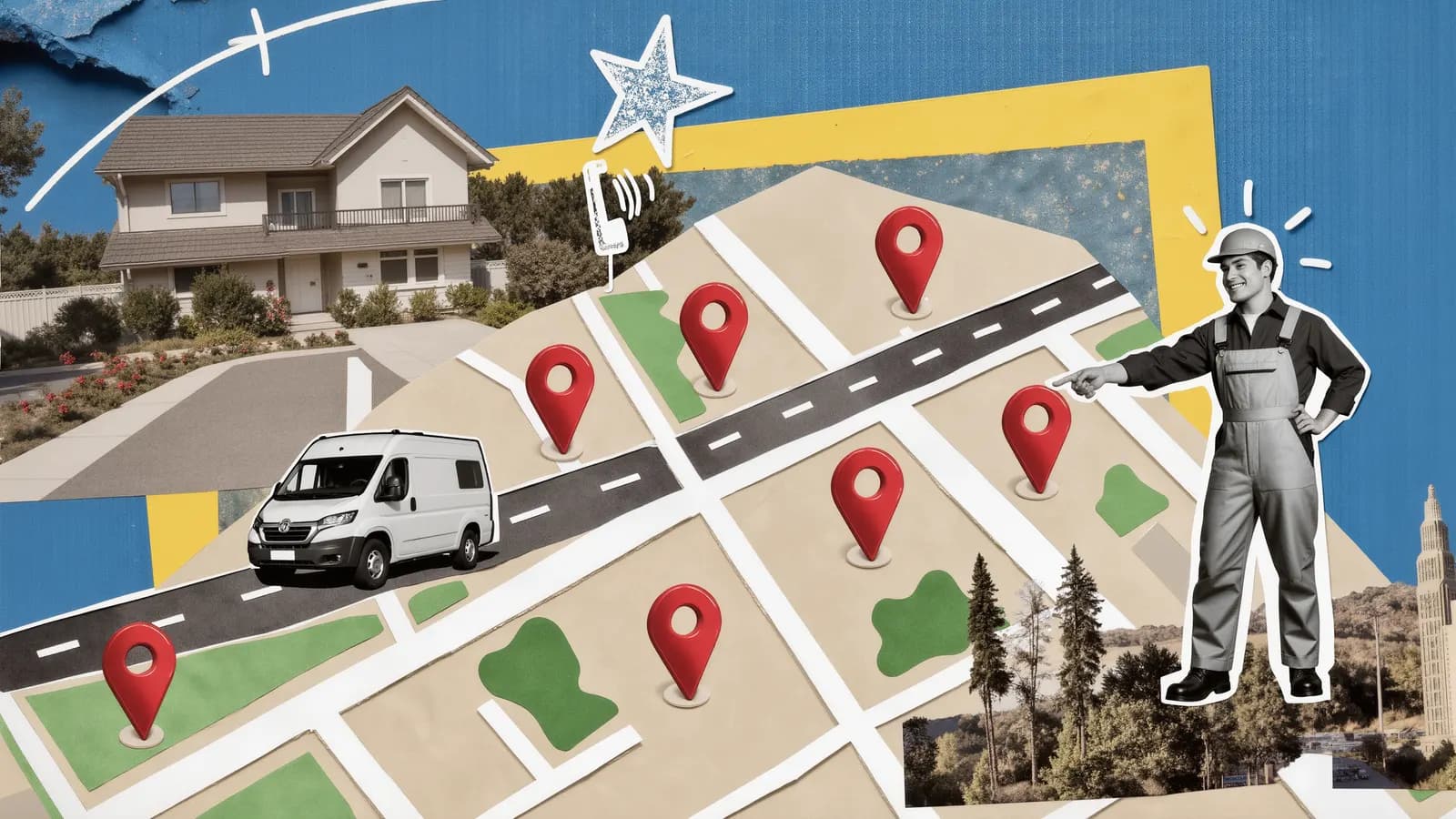 A service van driving across a flat illustrated neighborhood map full of red pins toward a house, an electrician pointing the way