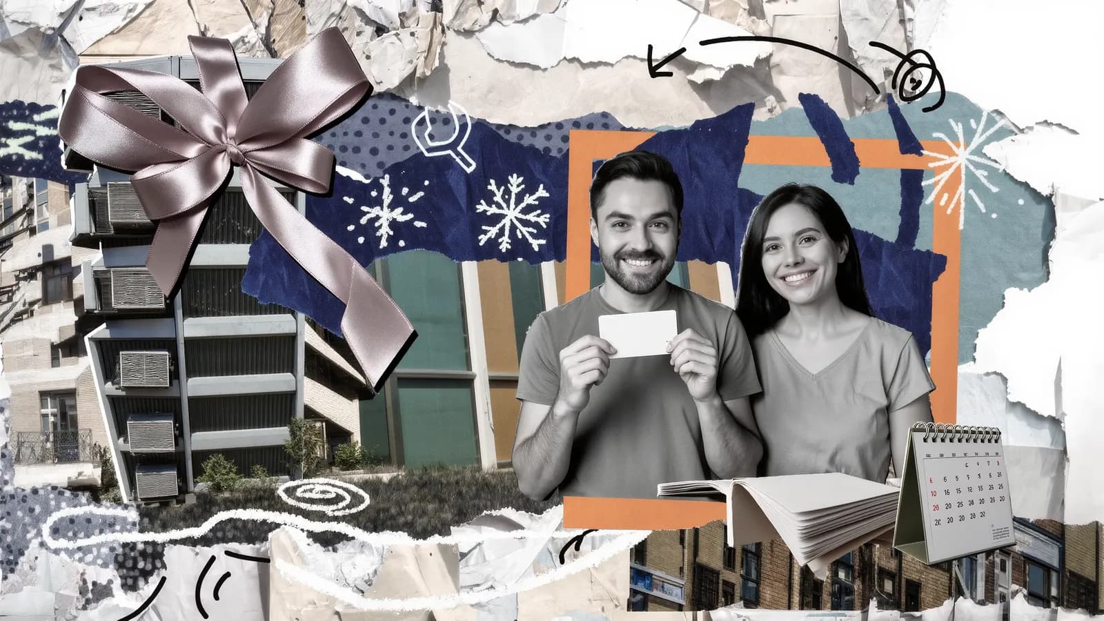 A smiling couple holds a blank membership card beside an apartment wall of air conditioning units tied with a big ribbon bow, collage on teal