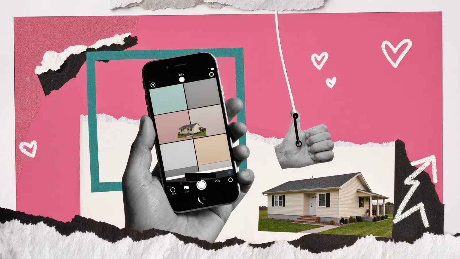 A hand holding a phone with a feed of plain tiles and a small house, while another hand dangles a fishing line over the screen