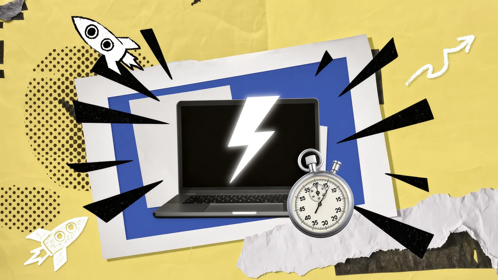 A black laptop with a lightning bolt bursting from its screen beside a chrome stopwatch, with speed lines and chalk rockets, collage on yellow