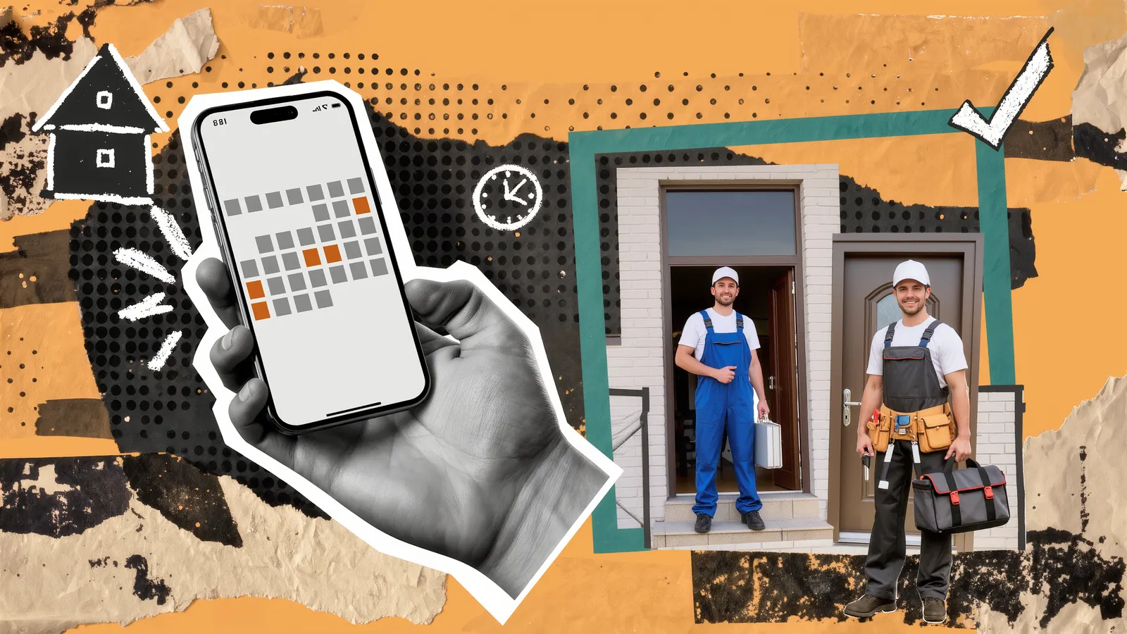 A hand holding a phone with a calendar grid and one time slot picked, while two plumbers wait at a front door, collage on orange