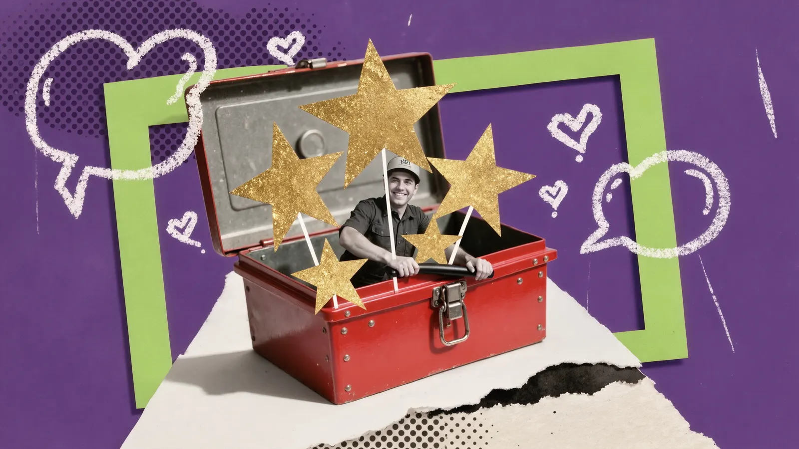 A technician standing in an open red toolbox holds up five gold stars, surrounded by chalk speech bubbles and hearts, collage on violet