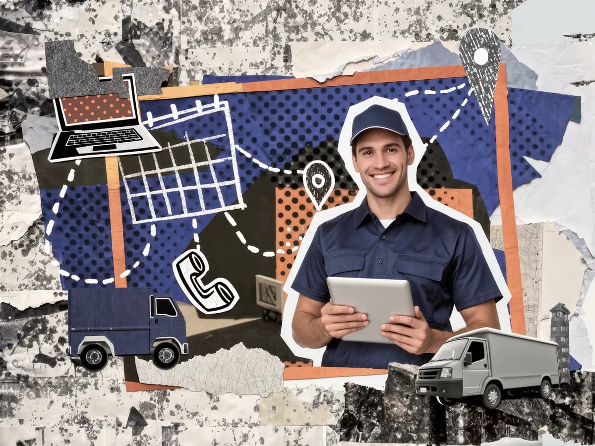 An HVAC technician holding a tablet in front of chalk doodles of a laptop, calendar, map pin and work van, collage on blue