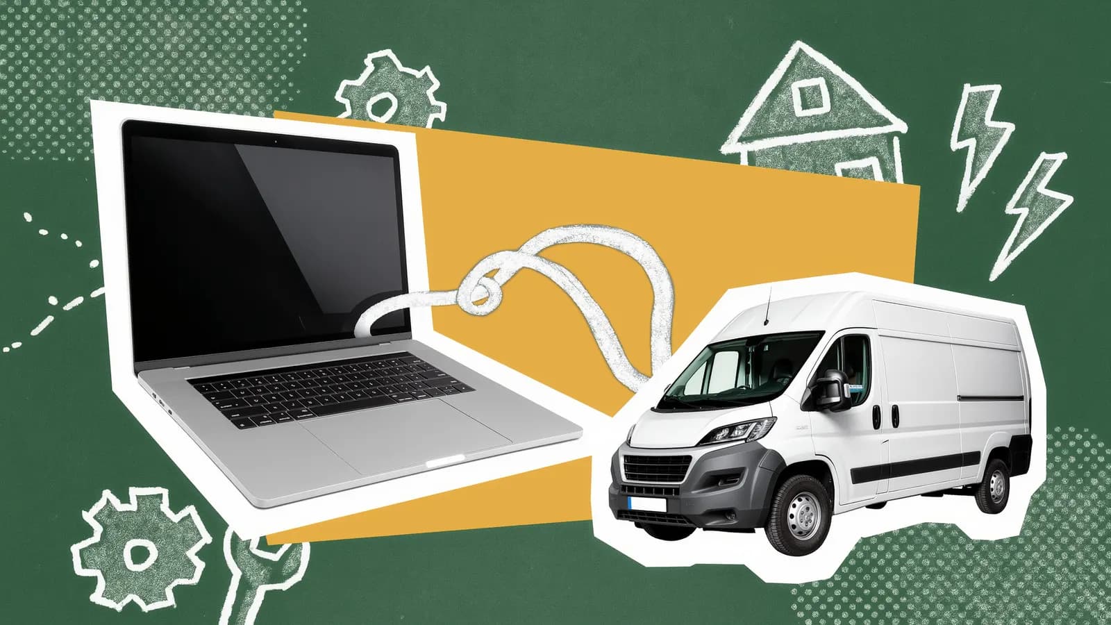A silver laptop and a white work van joined by a looping hand-drawn chalk cable, with chalk gears and houses around them, collage on green