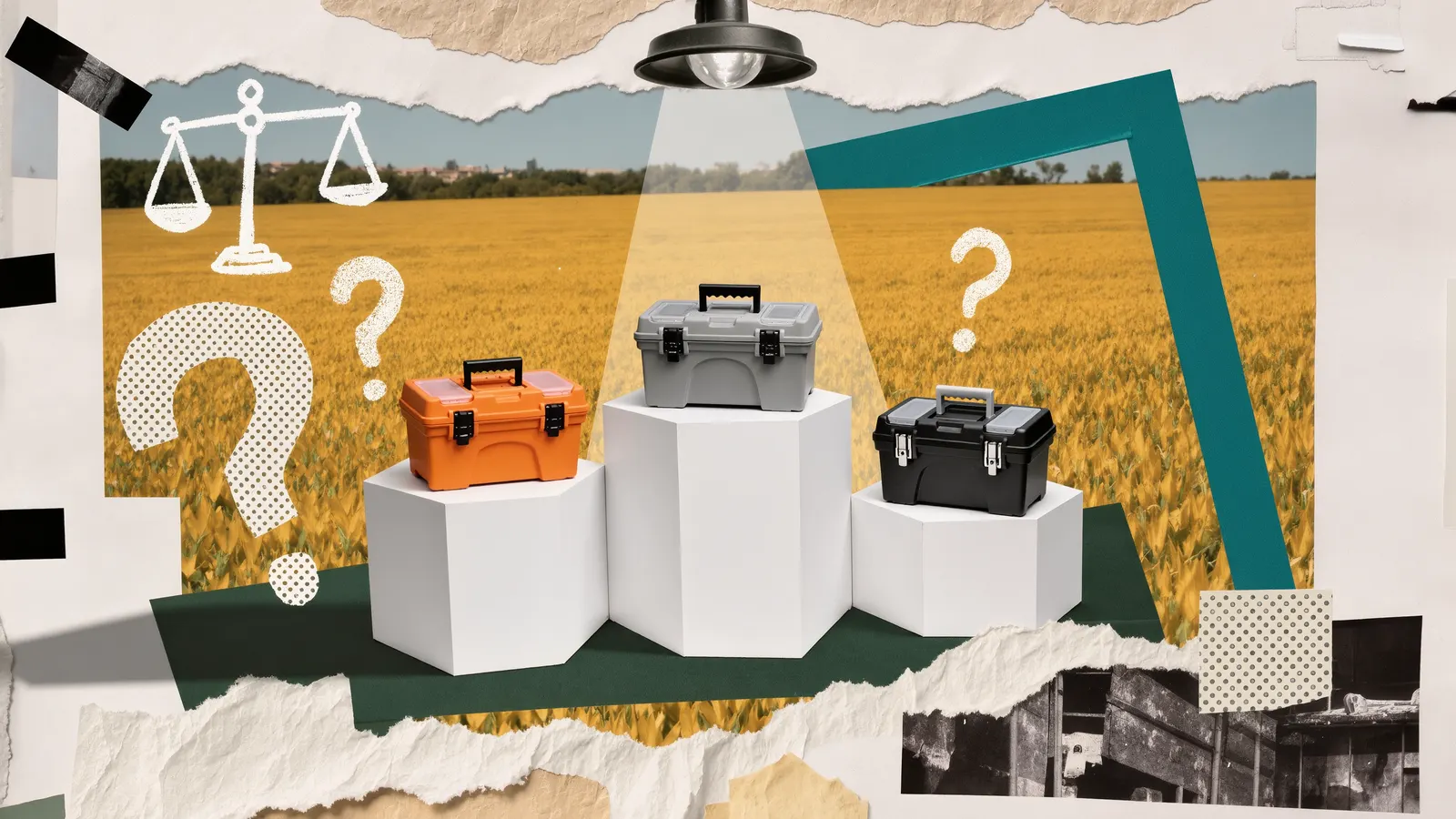 Orange, gray and black toolboxes on a three-step podium under a spotlight in a wheat field, with chalk scales and question marks
