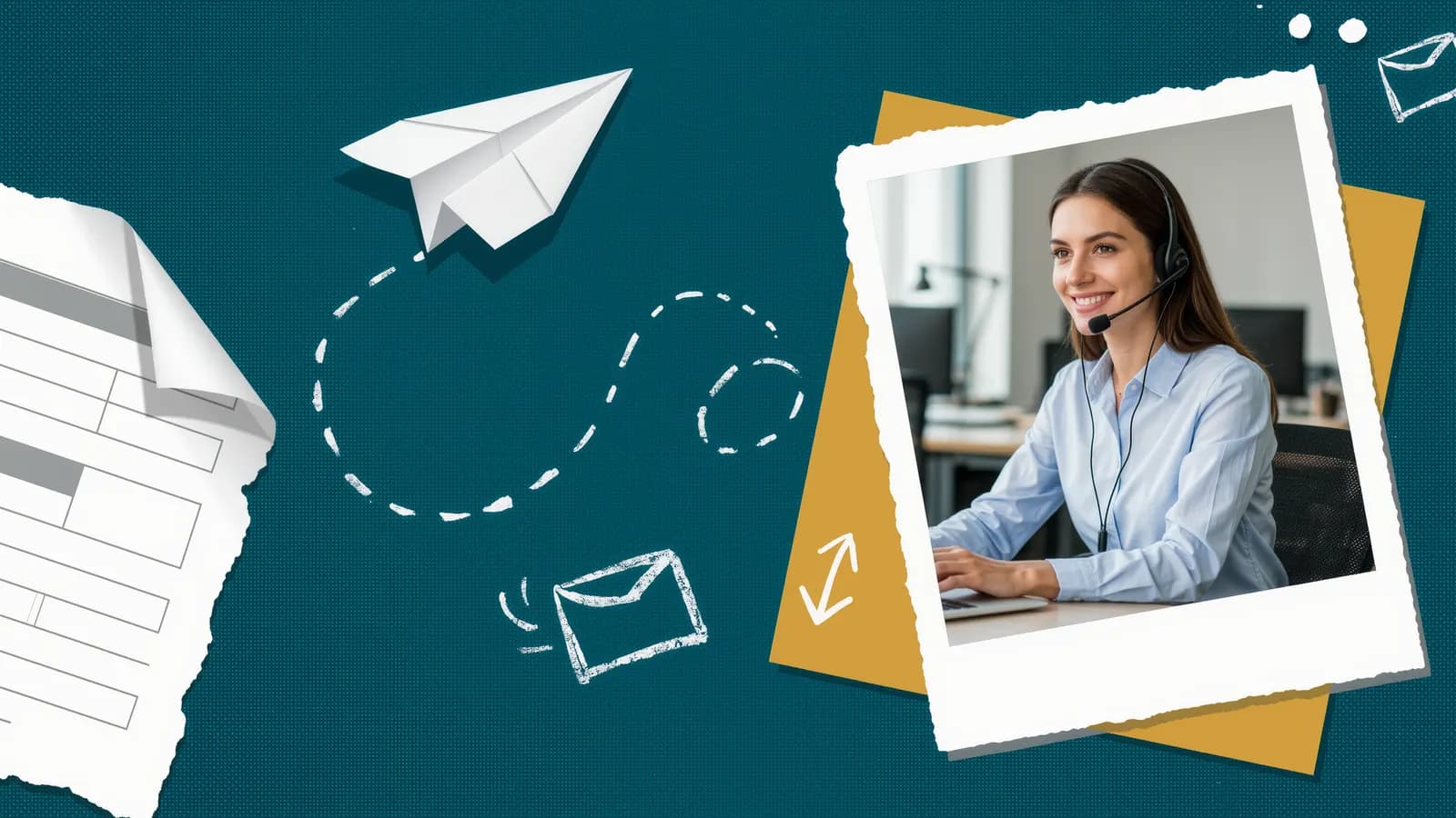 A blank paper form folding at the corner into a paper airplane, flying a chalk path to a smiling dispatcher in a headset at her laptop, collage on teal