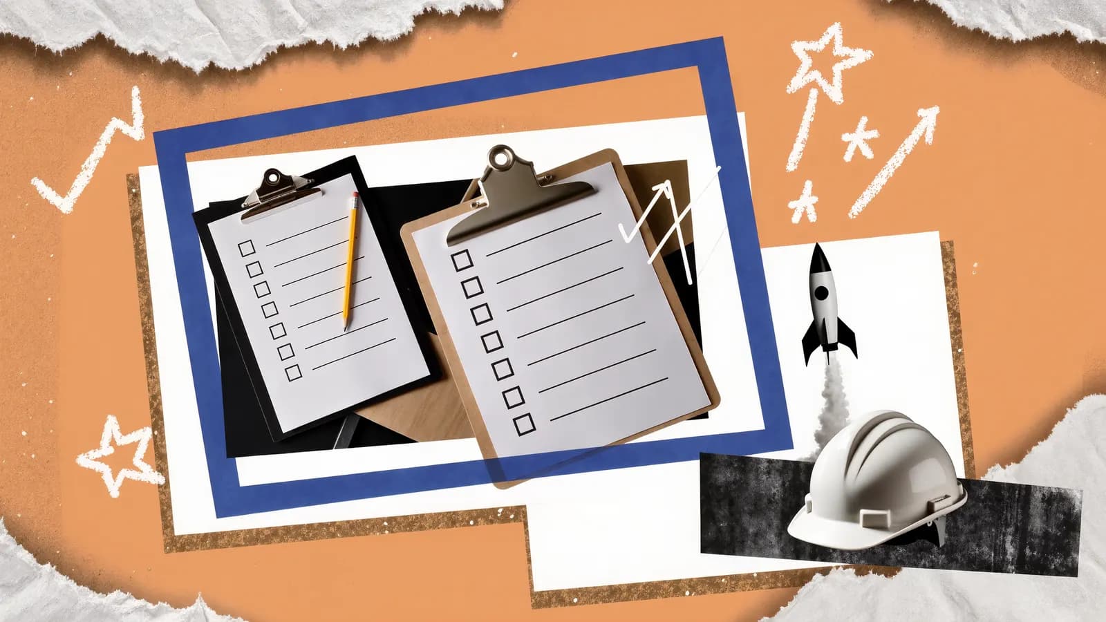 Two clipboards with empty checkboxes and a pencil beside a white hard hat, with a paper rocket lifting off, collage on orange