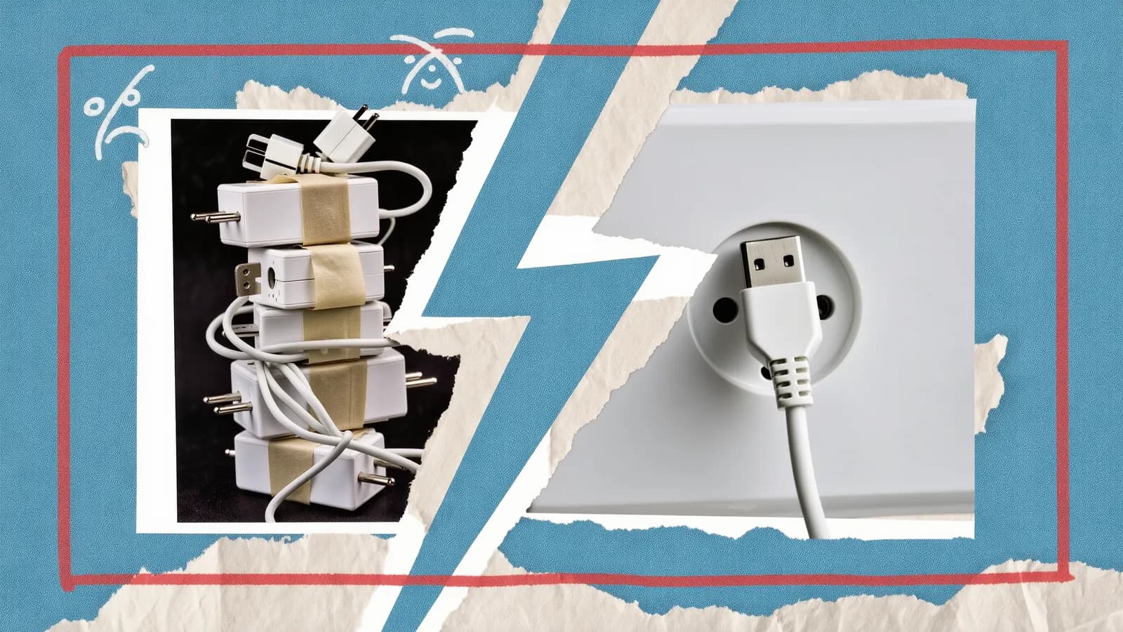 A taped stack of plug adapters on one side of a lightning split and a single clean plug in a wall socket on the other, collage on blue