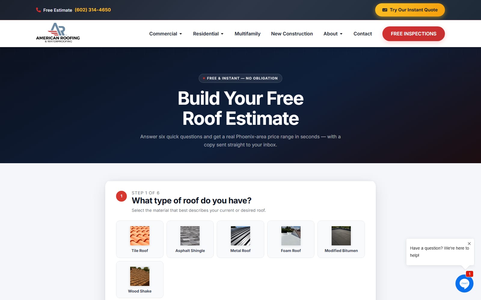 Instant Roof Estimate Tool — Phoenix, AZ · Southwest