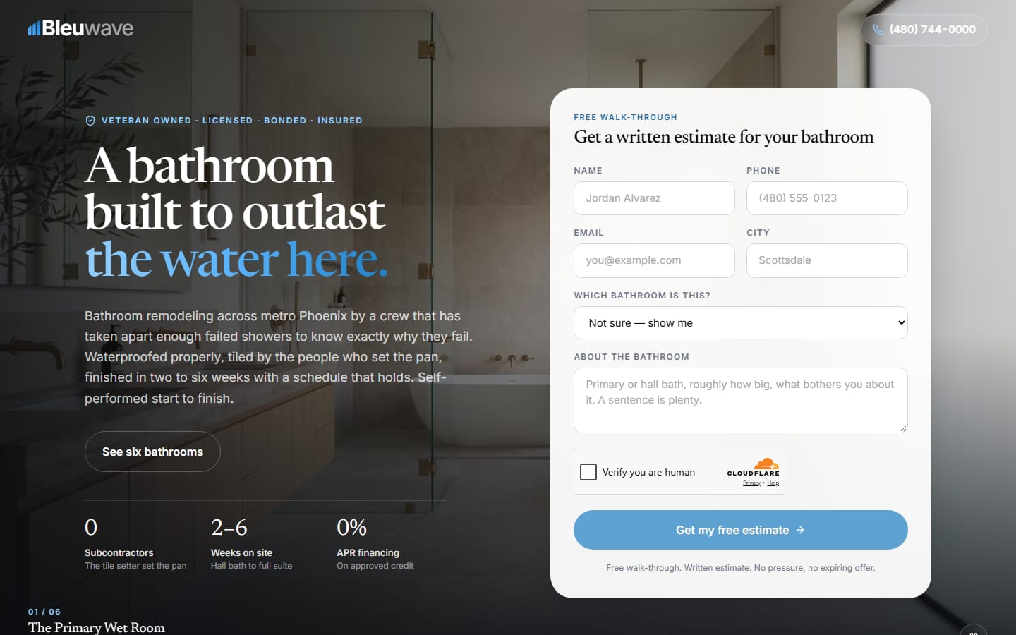 Bleuwave Bathroom Remodeling: Google Ads Landing Page — Phoenix, AZ